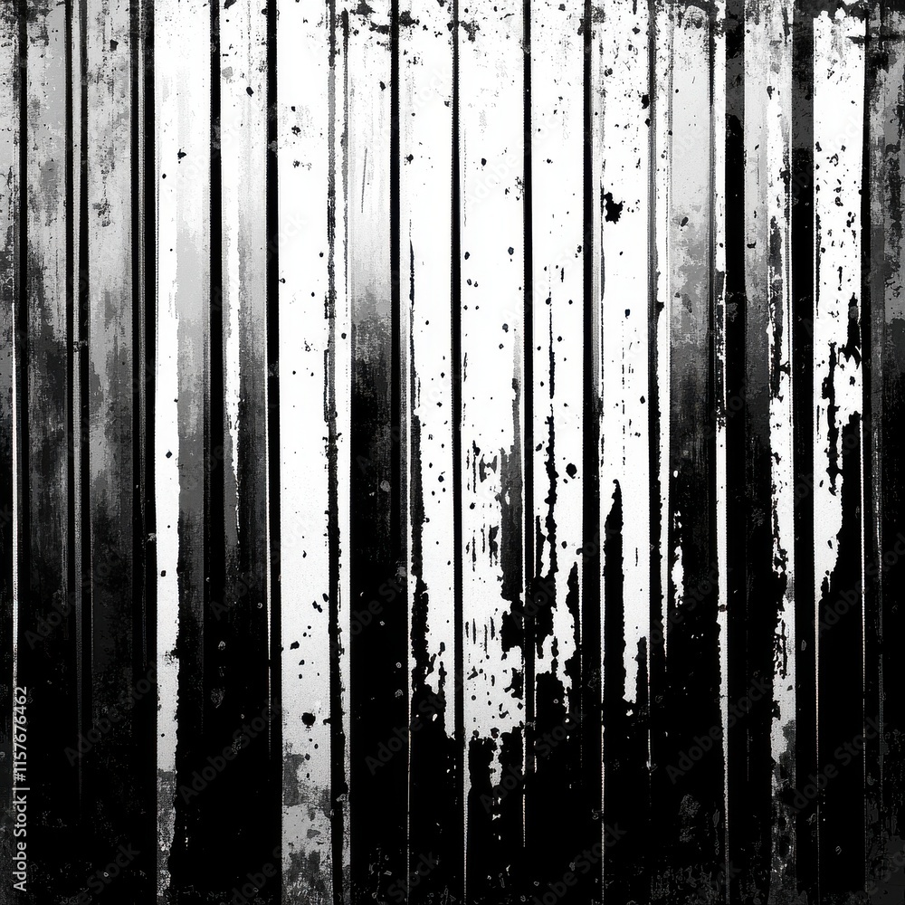 Poster an abstract black and white textured background with vertical lines and paint splatters, creating a 