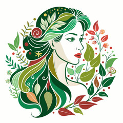 Elegant Woman Profile with Floral Hair – vector art illustration