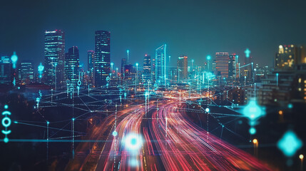 Fototapeta premium Smart digital Innovation city with connection network reciprocity over the cityscape. of future smart wireless digital city and social media networking systems that connects people with in city