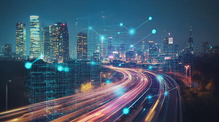 Fototapeta premium Smart digital Innovation city with connection network reciprocity over the cityscape. of future smart wireless digital city and social media networking systems that connects people with in city