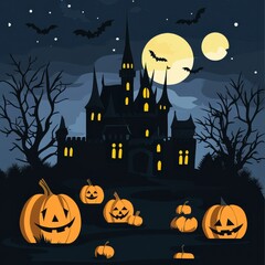 Fototapeta premium A spooky Halloween scene featuring a castle, glowing pumpkins, and bats under a full moon.