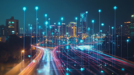 Fototapeta premium Smart digital Innovation city with connection network reciprocity over the cityscape. of future smart wireless digital city and social media networking systems that connects people with in city