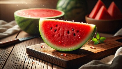 Juicy Watermelon Slice with Dew Drops on Wooden Cutting Board