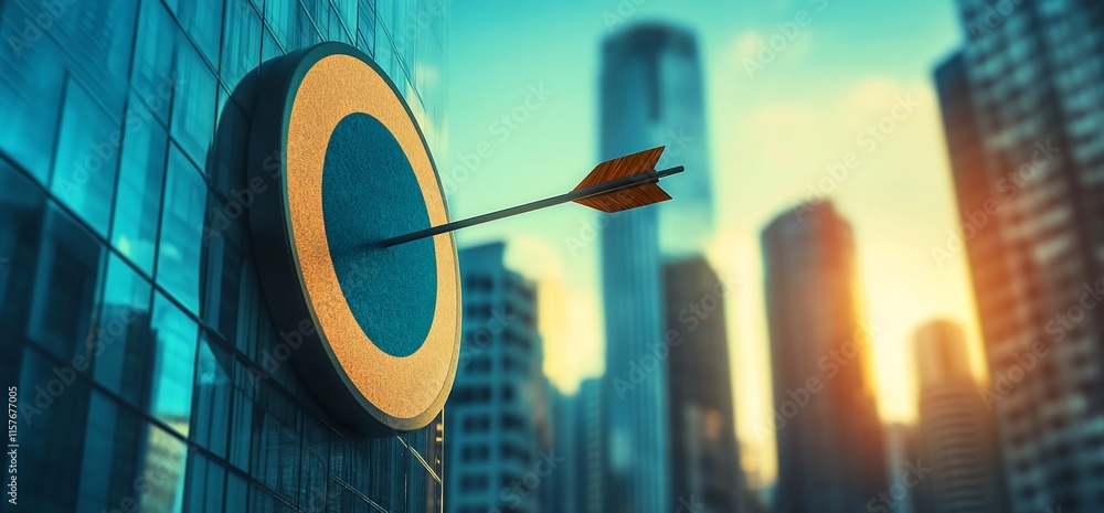 Poster a large target with an arrow embedded, set against a city skyline at sunset.
