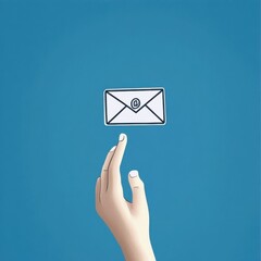 A close-up of a hand reaching out towards an illustrated email icon on a vibrant blue background.