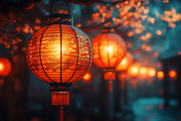 A festive celebration of the Chinese New Year, featuring traditional red lanterns, fireworks, and decorations. The image captures the vibrant atmosphere of this cultural holiday 