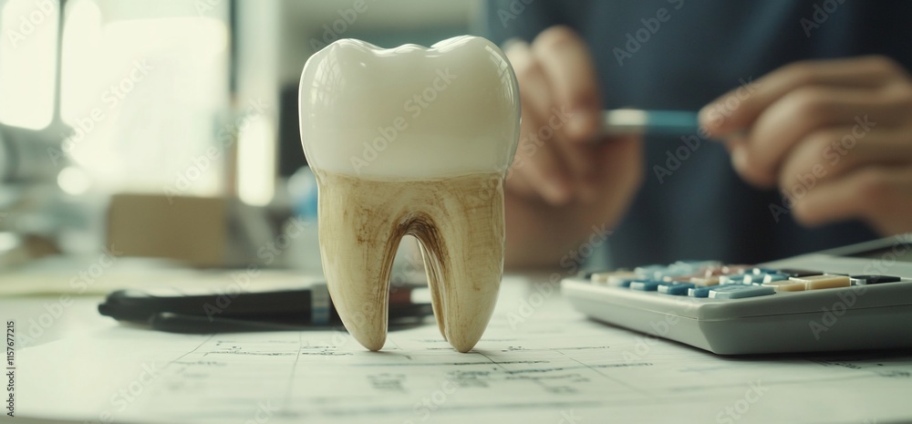 Aufkleber a large tooth model on a desk with a calculator and paperwork in the background.