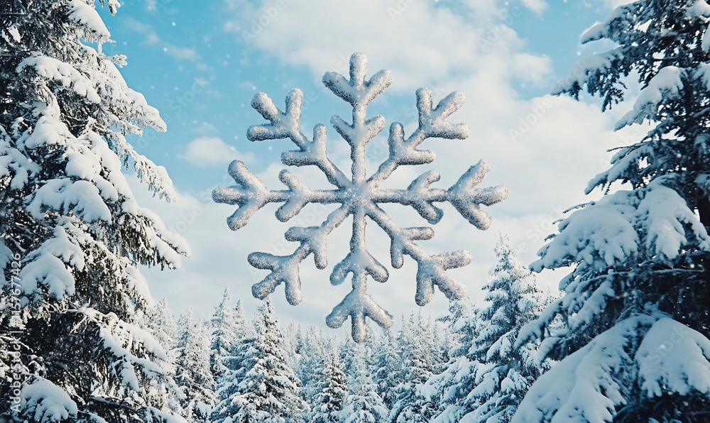 Poster a large snowflake floats above a snowy forest under a bright sky.