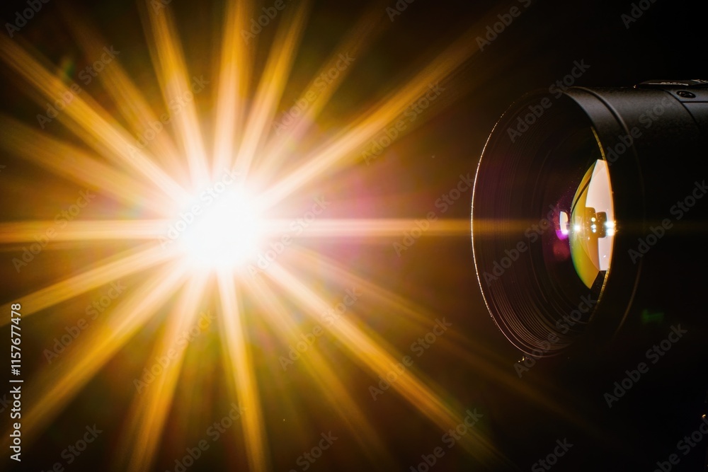 Poster a close-up view of a camera lens with the sun in the background, great for photography related conce