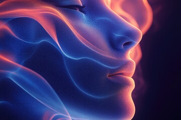 Close-up portrait of someone with vibrant blue and red tones in the background