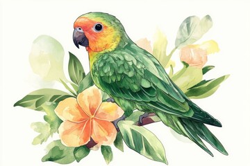 Colorful parrot perched on a branch amidst blooming flowers