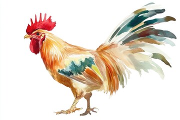 Fototapeta premium Watercolor illustration of a proud rooster standing on a clean white surface