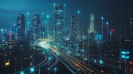 Naklejka premium Smart digital Innovation city with connection network reciprocity over the cityscape. of future smart wireless digital city and social media networking systems that connects people with in city