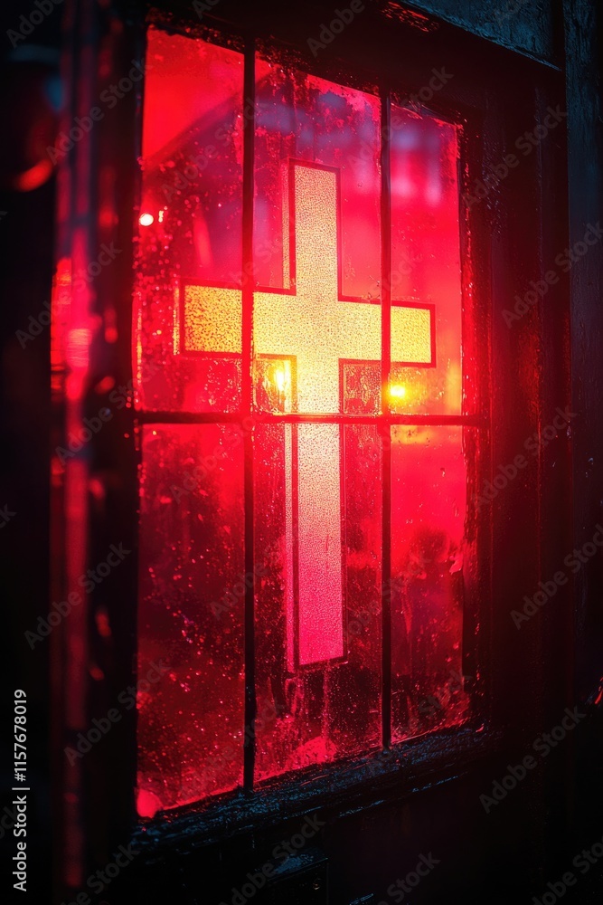 Poster a red light shines through a window with a cross, suitable for use in religious or symbolic contexts