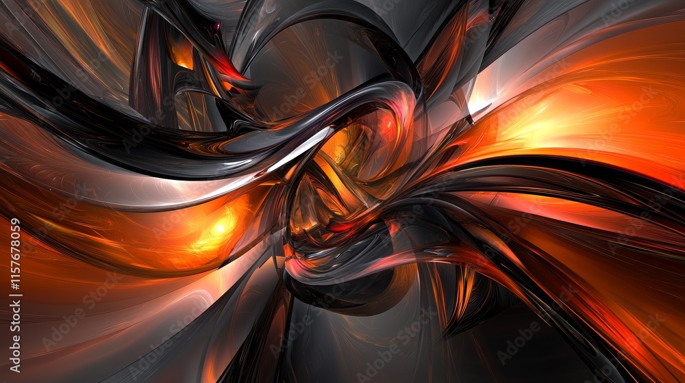 Poster Orange and black abstract background.  3D rendering of swirling shapes.