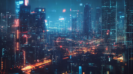 Obraz premium Smart digital Innovation city with connection network reciprocity over the cityscape. of future smart wireless digital city and social media networking systems that connects people with in city