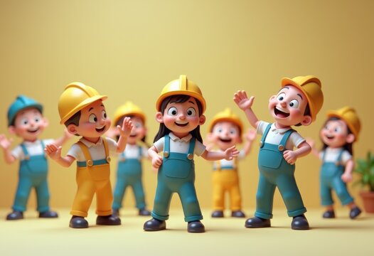 A group of cartoon children wearing construction helmets and overalls  smiling and looking happy.