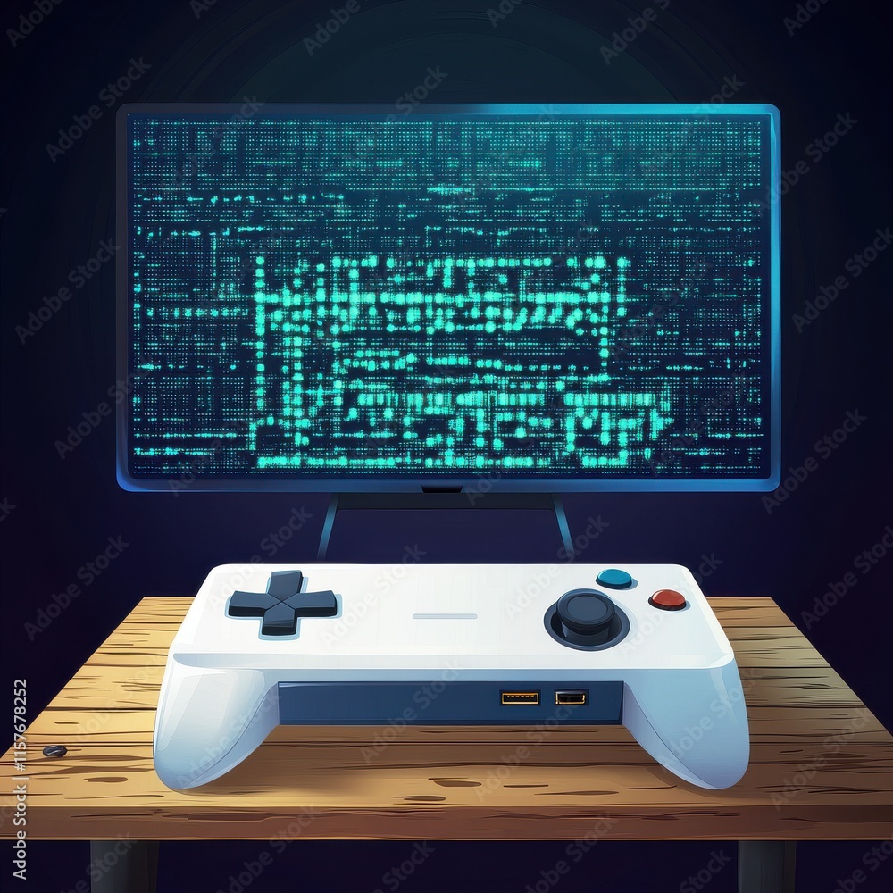 Poster A modern gaming console controller on a wooden table with a digital screen displaying a binary code pattern.