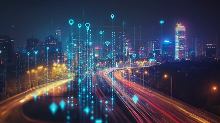 Smart digital Innovation city with connection network reciprocity over the cityscape. of future smart wireless digital city and social media networking systems that connects people with in city