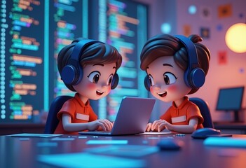 Two cartoon kids with headphones coding on a laptop