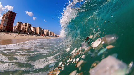 A vibrant wave rolls towards the shore, capturing shells , microplastic and foam, with a sunny beachside skyline in the background, showcasing contamination and pollution.
