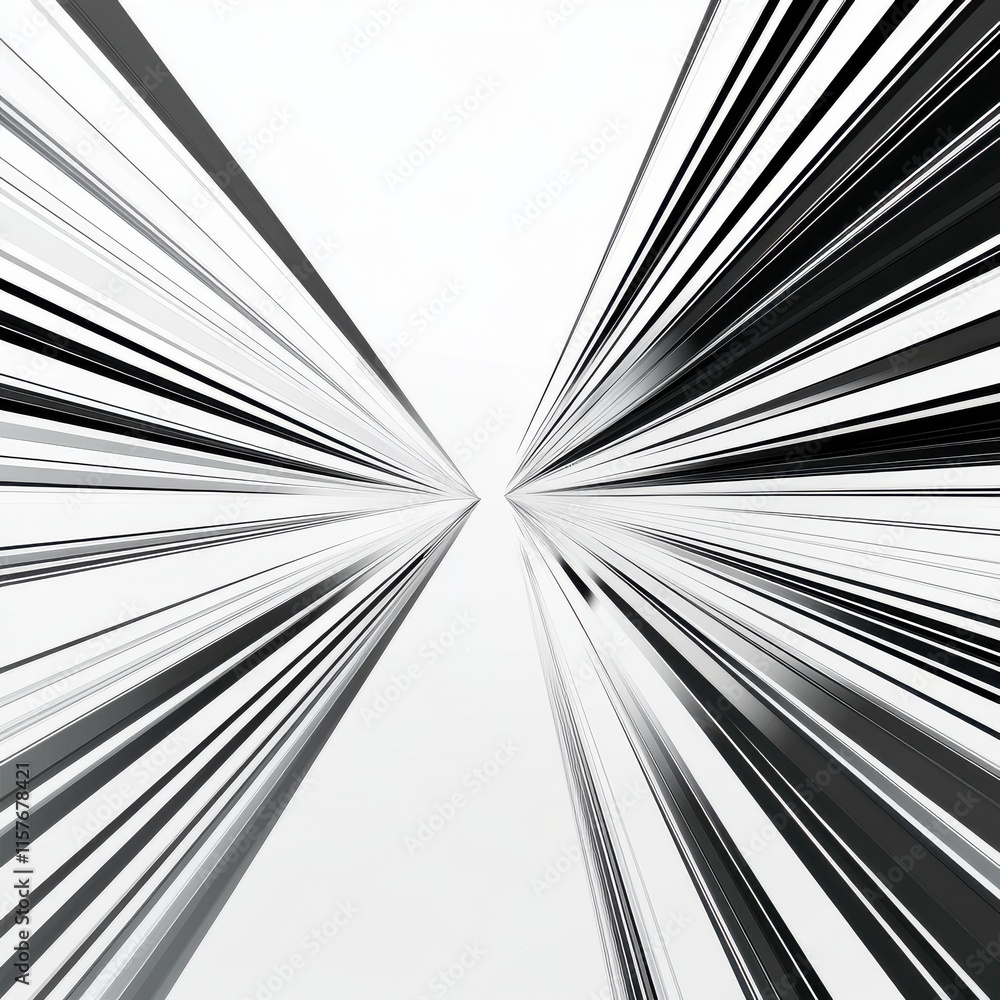 Poster a dynamic abstract design featuring sharp black and white lines converging towards a central point, 