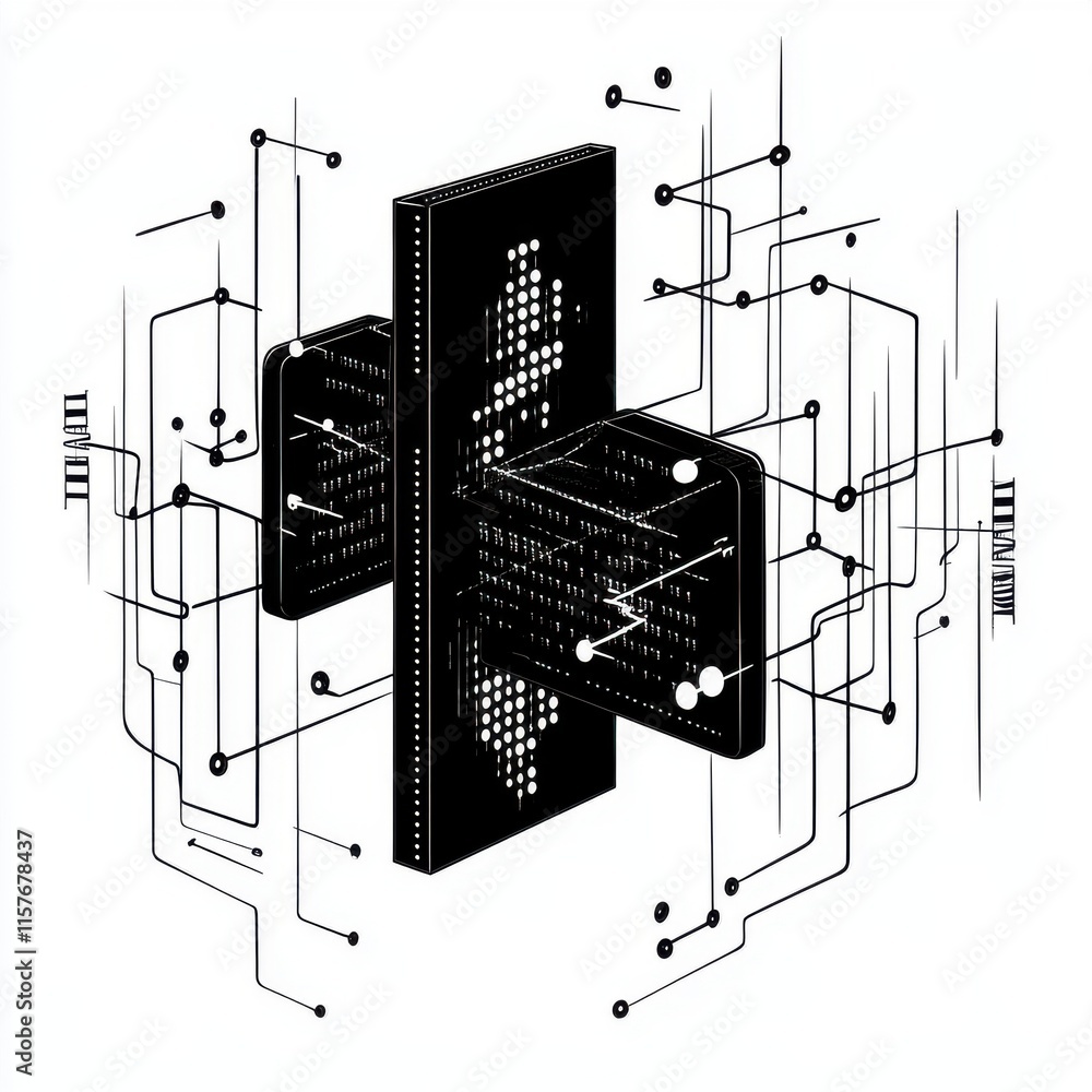 Poster abstract digital design showcasing interconnected components with a futuristic feel.