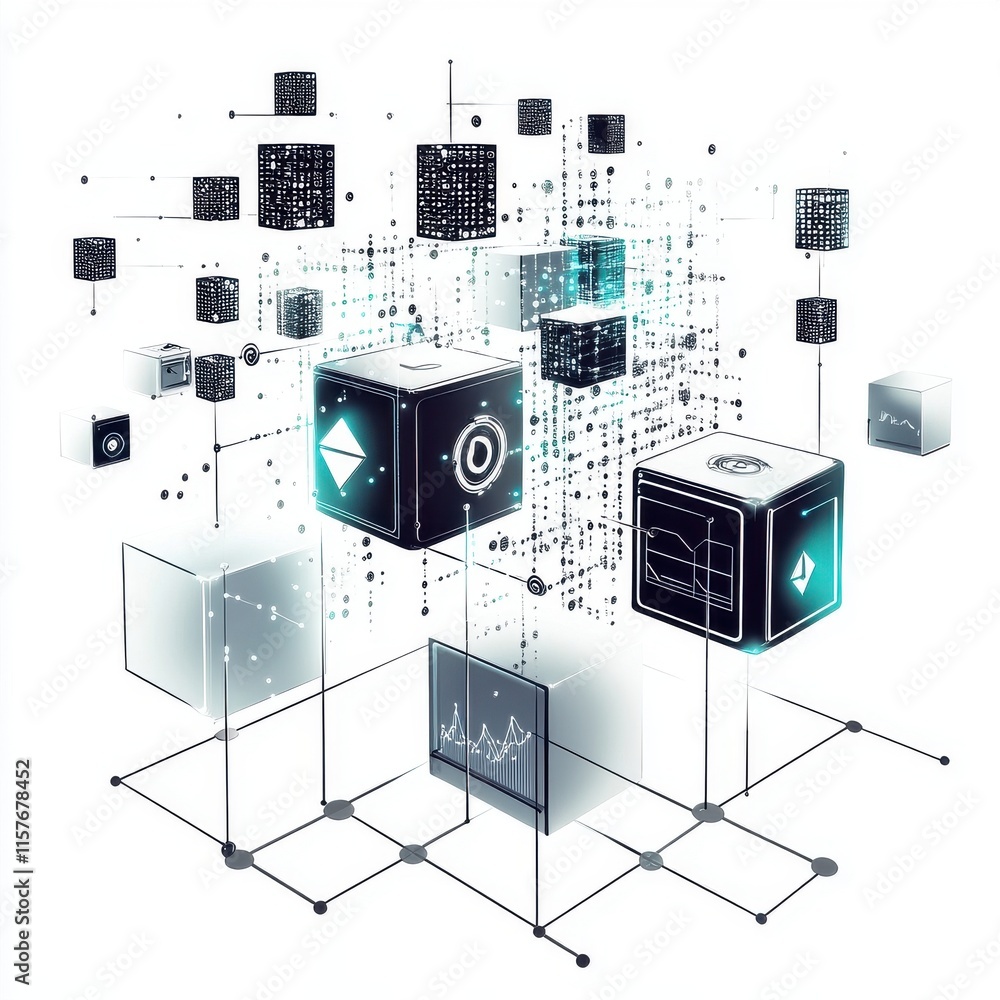 Aufkleber abstract digital art featuring floating geometric shapes amid a network of data points and grids.