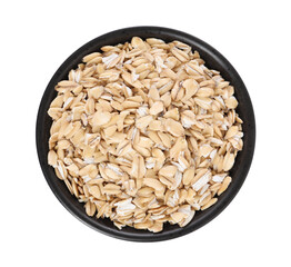 Dry oat flakes in bowl isolated on white, top view