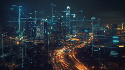 Naklejka premium Smart digital Innovation city with connection network reciprocity over the cityscape. of future smart wireless digital city and social media networking systems that connects people with in city