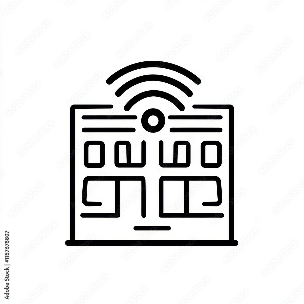 Poster abstract line art representation of a building with signal waves above it.