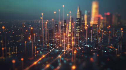 Fototapeta premium Smart digital Innovation city with connection network reciprocity over the cityscape. of future smart wireless digital city and social media networking systems that connects people with in city