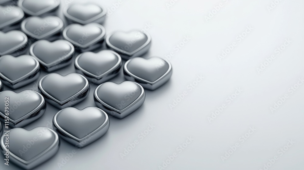 Poster creating heartfelt connections in design metallic hearts on a soft surface minimalistic style studio