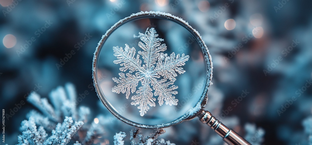 Aufkleber a magnified snowflake resting on frosty branches, showcasing intricate patterns.
