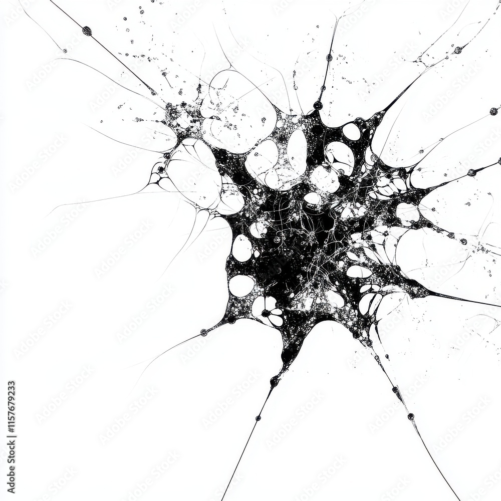 Poster abstract black and white fractal design resembling a complex web of interconnected shapes.