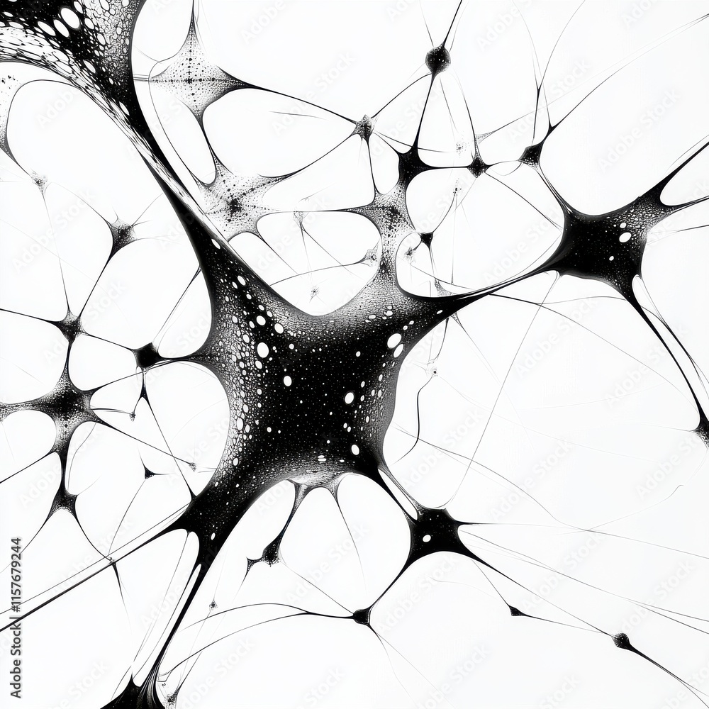 Poster abstract black and white composition featuring intricate interconnected shapes resembling cellular s