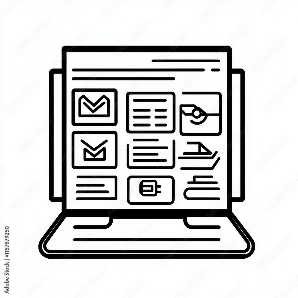 Poster a minimalist line art illustration of a laptop displaying various application icons and notification