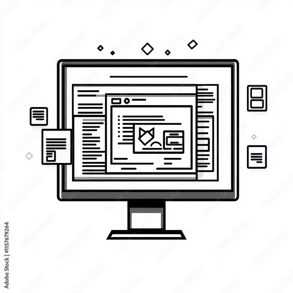 Poster illustration of a computer screen displaying web content and digital documents in a minimalist style