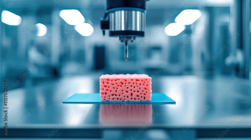 Poster Material science and biomaterials, Futuristic machinery testing a pink foam block in a high-tech environment.