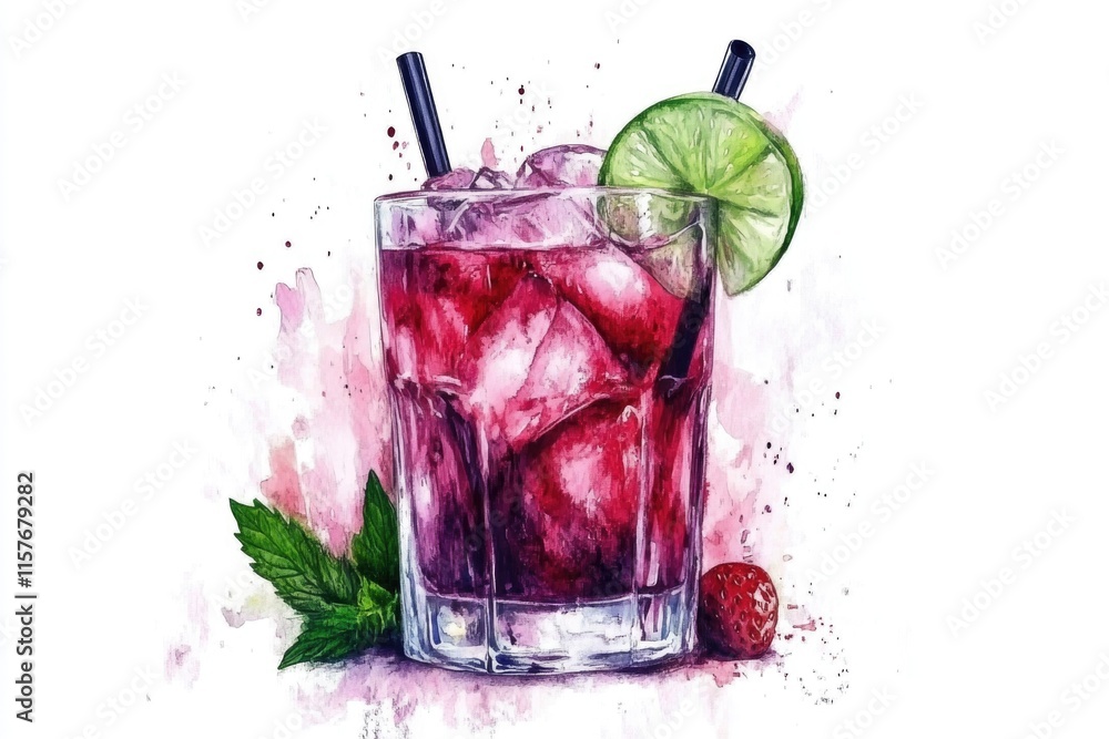 Poster a refreshing drink served over ice with a squeeze of lime and a splash of raspberry