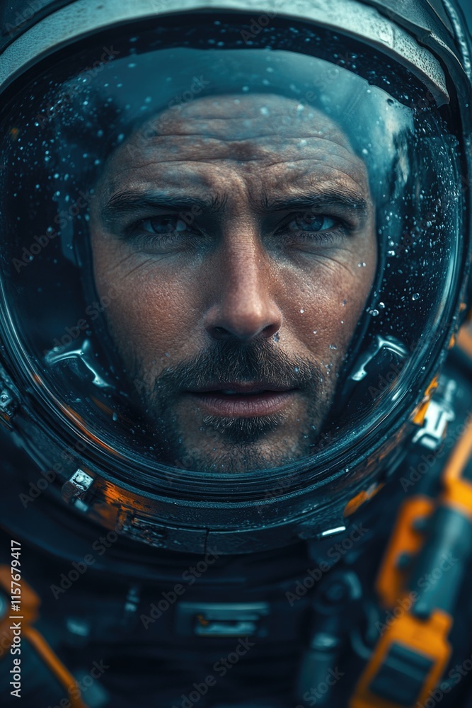 Poster a close-up shot of a person wearing a space suit, likely in a space or astronaut context