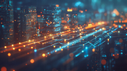 Fototapeta premium Smart digital Innovation city with connection network reciprocity over the cityscape. of future smart wireless digital city and social media networking systems that connects people with in city