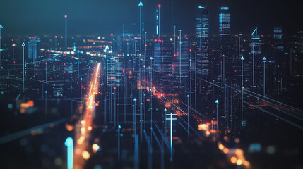 Fototapeta premium Smart digital Innovation city with connection network reciprocity over the cityscape. of future smart wireless digital city and social media networking systems that connects people with in city