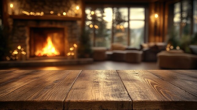 Cozy scene of wooden table near fireplace, great for home decor or rustic event