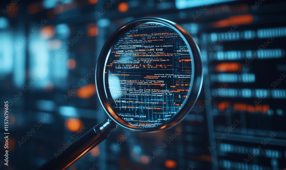 Poster a magnifying glass focusing on digital code, symbolizing data analysis.