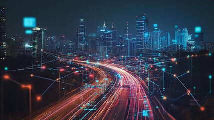 Fototapeta premium Smart digital Innovation city with connection network reciprocity over the cityscape. of future smart wireless digital city and social media networking systems that connects people with in city