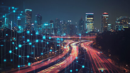 Smart digital Innovation city with connection network reciprocity over the cityscape. of future smart wireless digital city and social media networking systems that connects people with in city