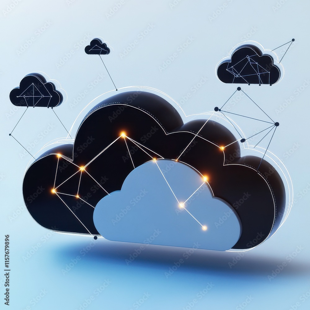 Poster stylized illustration of interconnected clouds symbolizing digital data transfer and cloud computing