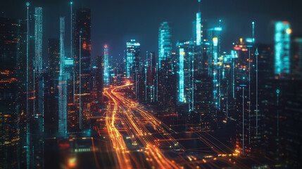 Fototapeta premium Smart digital Innovation city with connection network reciprocity over the cityscape. of future smart wireless digital city and social media networking systems that connects people with in city