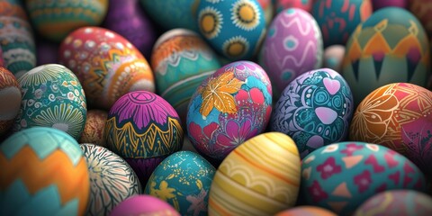 Easter eggs that are colorfully decorated and presented in a vibrant display capture the essence of the holiday spirit in a joyful and festive manner, bringing families and communities together